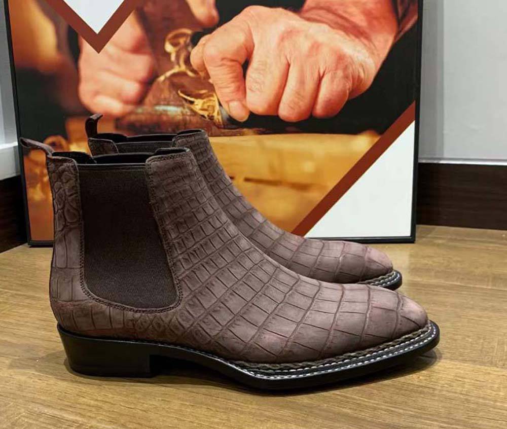 Crocodile Shoes Men's Nubuck Crocodile Leather Norwegian Stitch Chelsea Boots