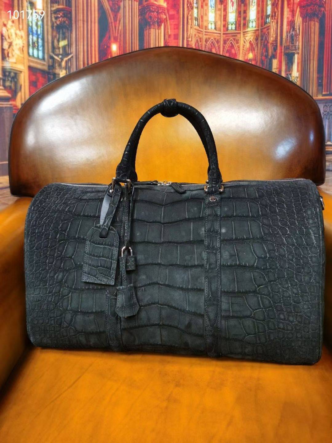 Men's Nubuck Crocodile Leather Large Travel Duffle Bag