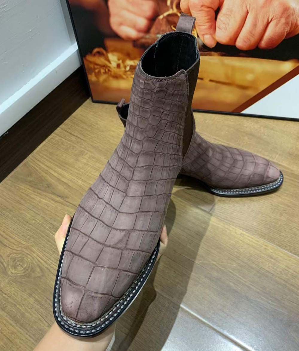 Crocodile Shoes Men's Nubuck Crocodile Leather Norwegian Stitch Chelsea Boots