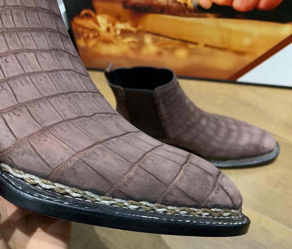 Crocodile Shoes Men's Nubuck Crocodile Leather Norwegian Stitch Chelsea Boots
