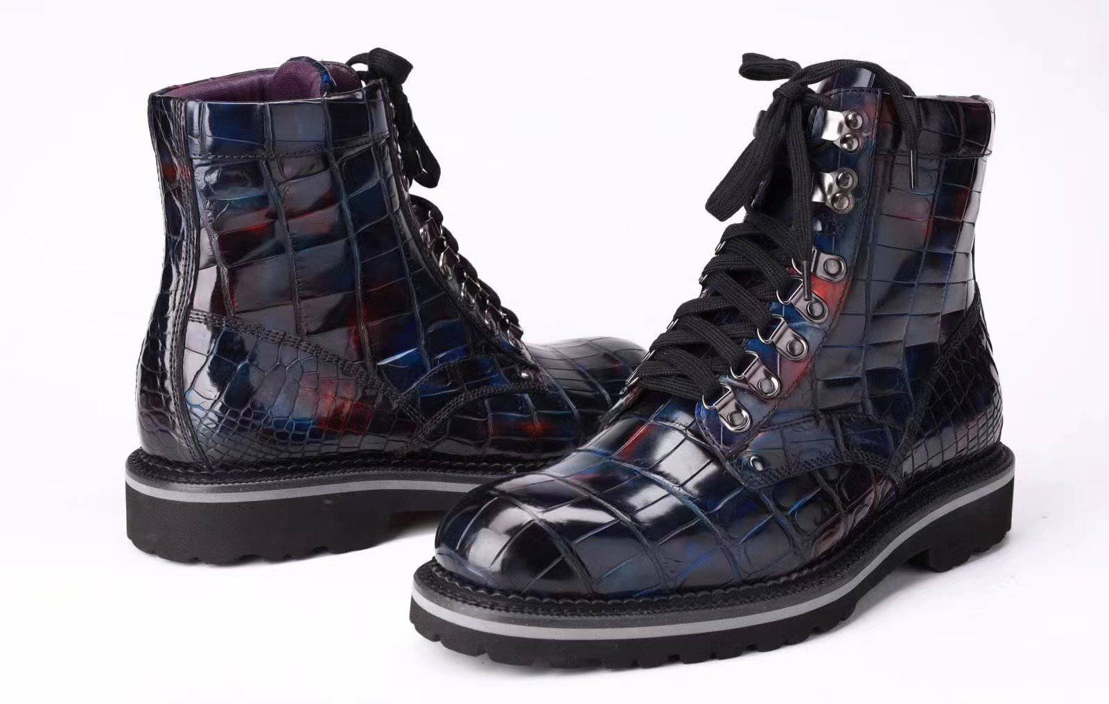Crocodile Shoes Mens Boots Genuine Crocodile Leather High-top Lace Up  Anti-Slip Boot Vintage Multi Blue