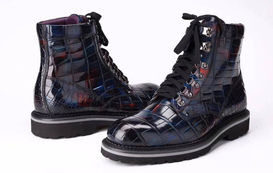 Crocodile Shoes Mens Boots Genuine Crocodile Leather High-top Lace Up  Anti-Slip Boot Vintage Multi Blue