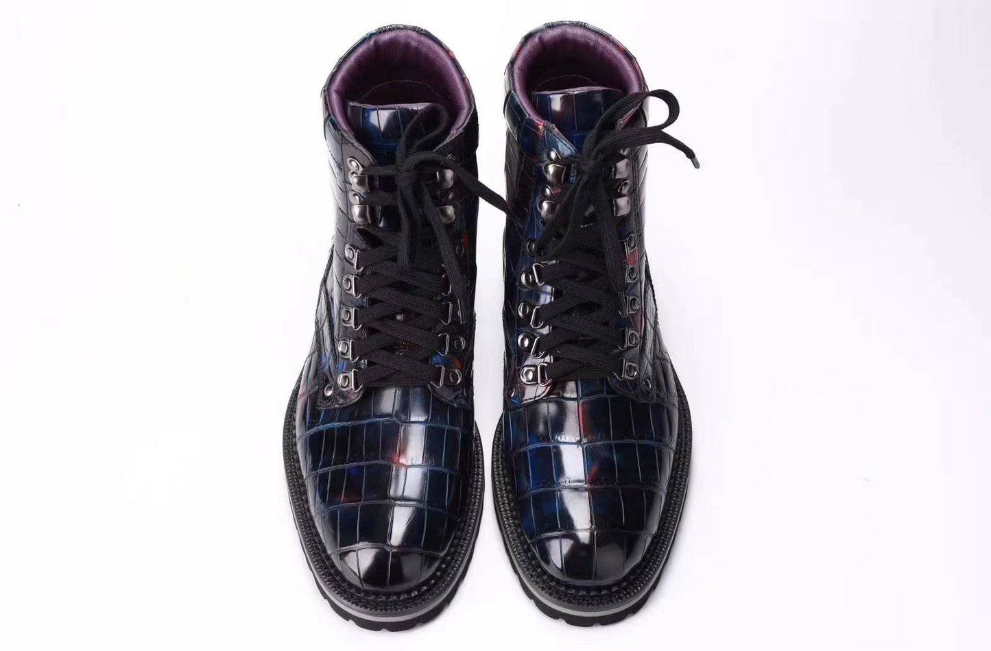 Crocodile Shoes Mens Boots Genuine Crocodile Leather High-top Lace Up  Anti-Slip Boot Vintage Multi Blue