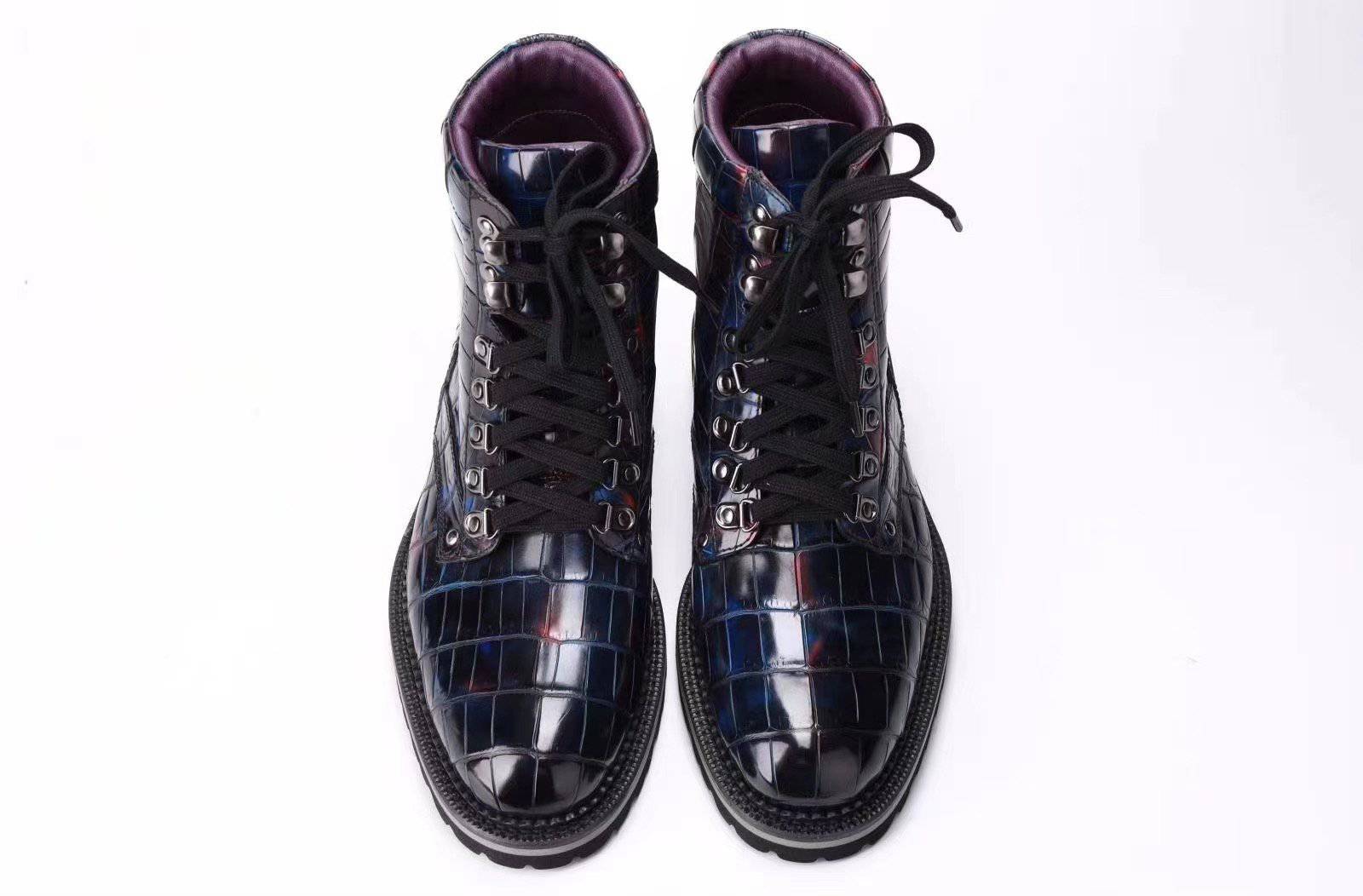 Crocodile Shoes Mens Boots Genuine Crocodile Leather High-top Lace Up  Anti-Slip Boot Vintage Multi Blue