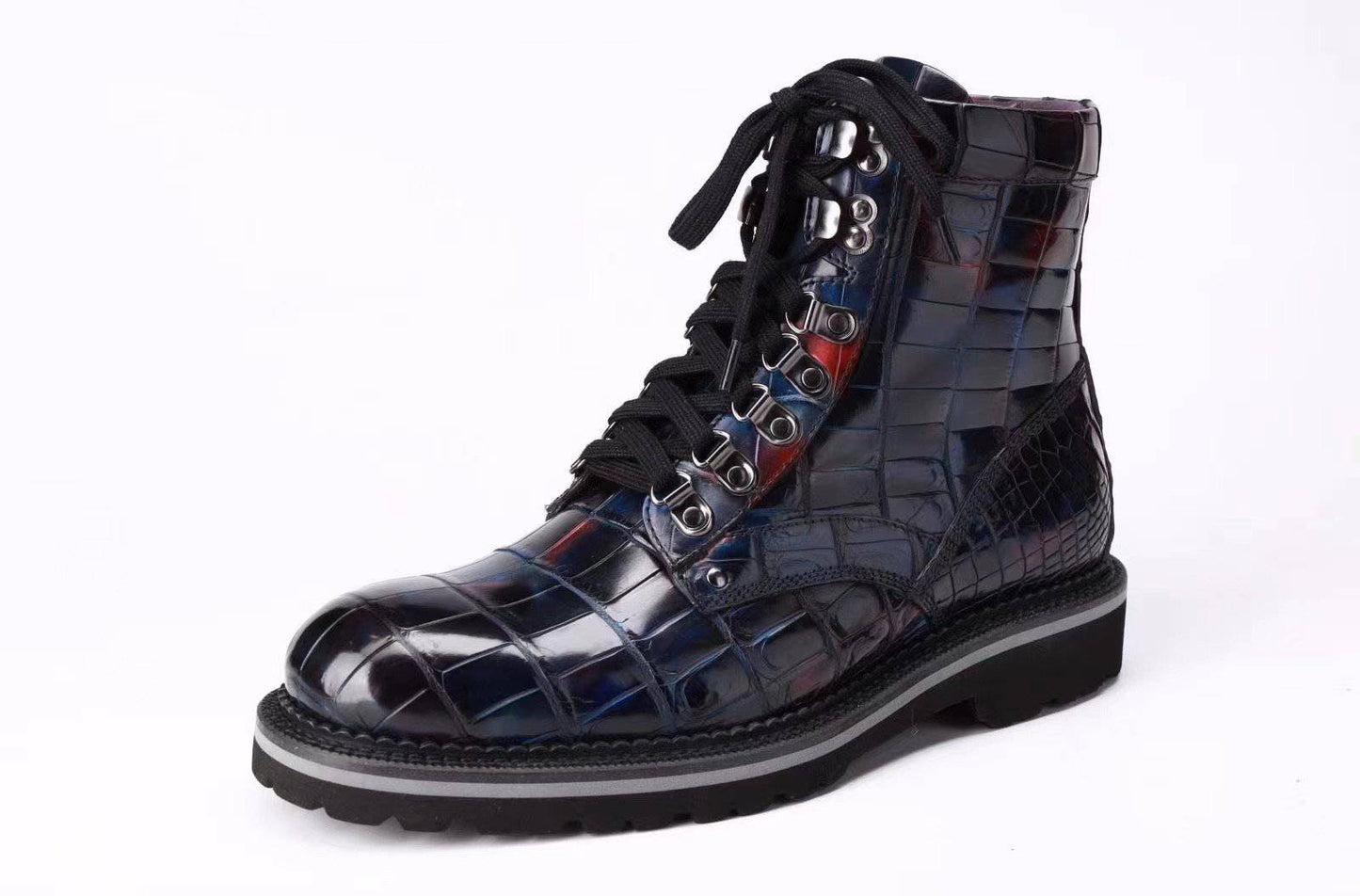 Crocodile Shoes Mens Boots Genuine Crocodile Leather High-top Lace Up  Anti-Slip Boot Vintage Multi Blue