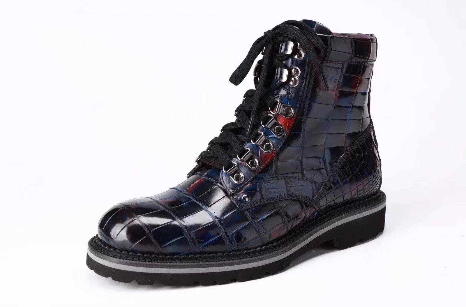 Crocodile Shoes Mens Boots Genuine Crocodile Leather High-top Lace Up  Anti-Slip Boot Vintage Multi Blue