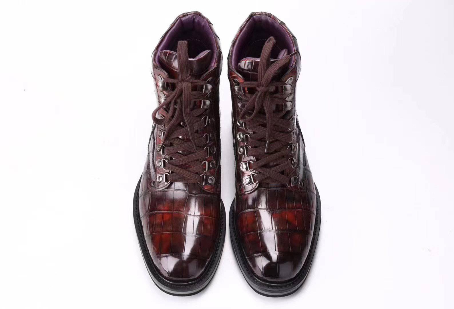 Crocodile Shoes Mens Boots Genuine Crocodile Leather High-top Lace Up  Anti-Slip Boot Vintage Wine Red