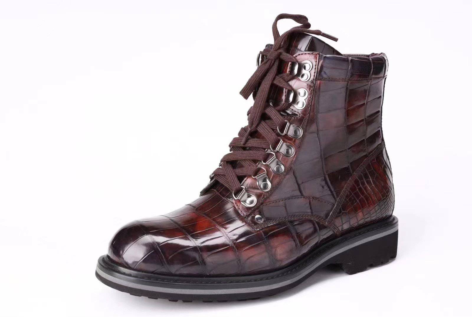 Crocodile Shoes Mens Boots Genuine Crocodile Leather High-top Lace Up  Anti-Slip Boot Vintage Wine Red