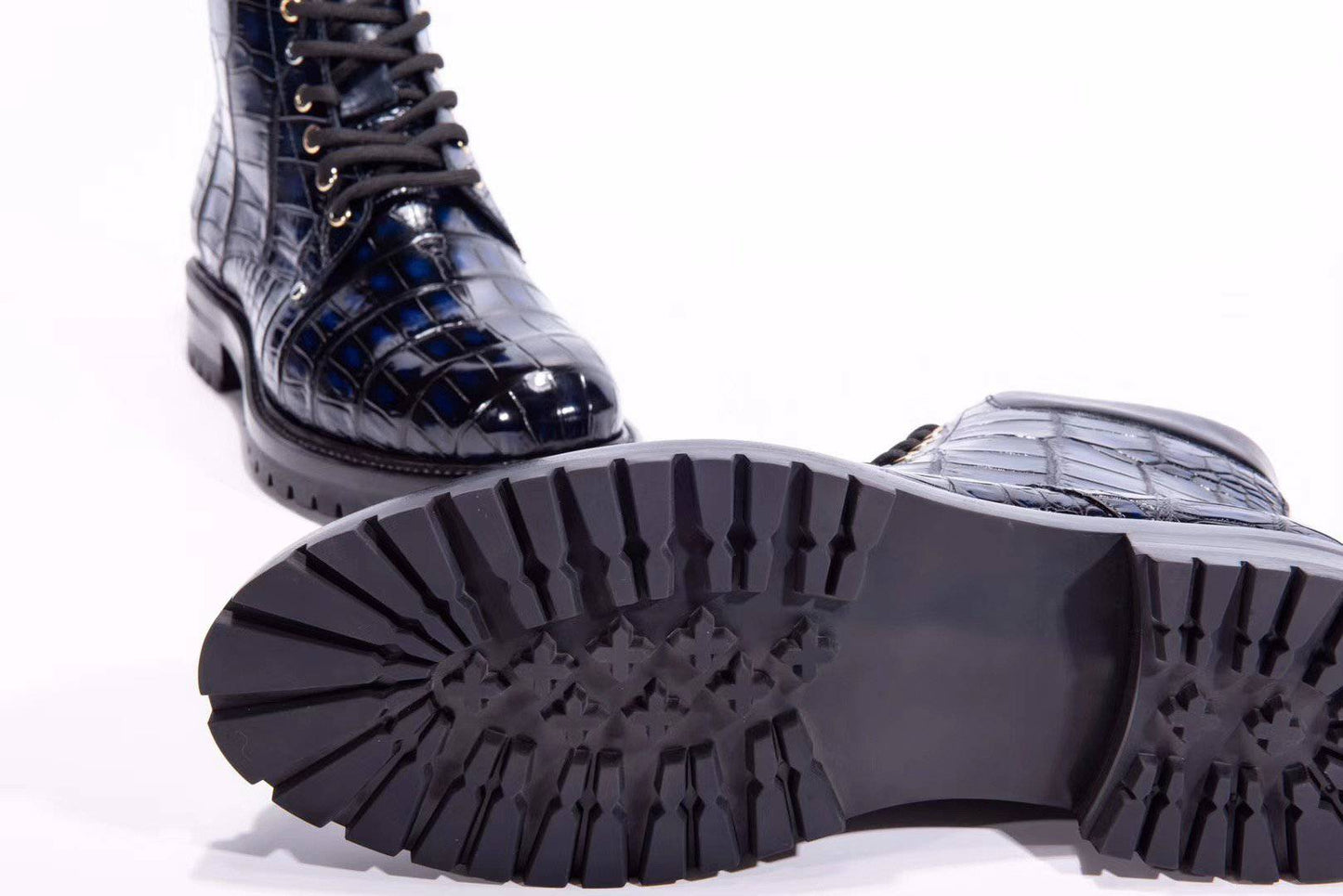 Crocodile Shoes Mens Boots Genuine Crocodile Skin Leather High-top Lace Up  Anti-Slip Boot Vintage Blue
