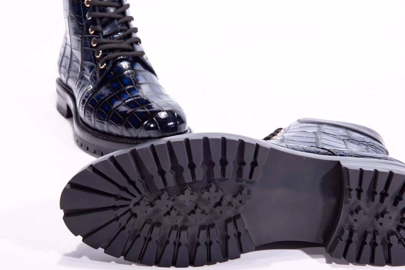 Crocodile Shoes Mens Boots Genuine Crocodile Skin Leather High-top Lace Up  Anti-Slip Boot Vintage Blue