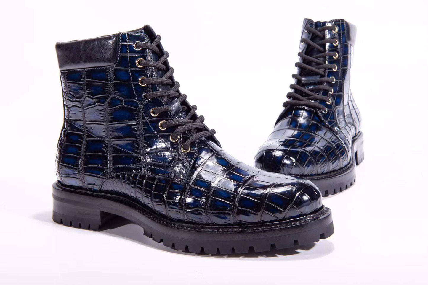 Crocodile Shoes Mens Boots Genuine Crocodile Skin Leather High-top Lace Up  Anti-Slip Boot Vintage Blue