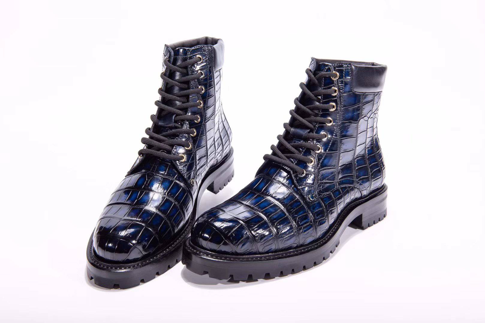Crocodile Shoes Mens Boots Genuine Crocodile Skin Leather High-top Lace Up  Anti-Slip Boot Vintage Blue