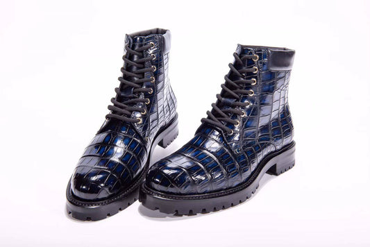 Crocodile Shoes Mens Boots Genuine Crocodile Skin Leather High-top Lace Up  Anti-Slip Boot Vintage Blue