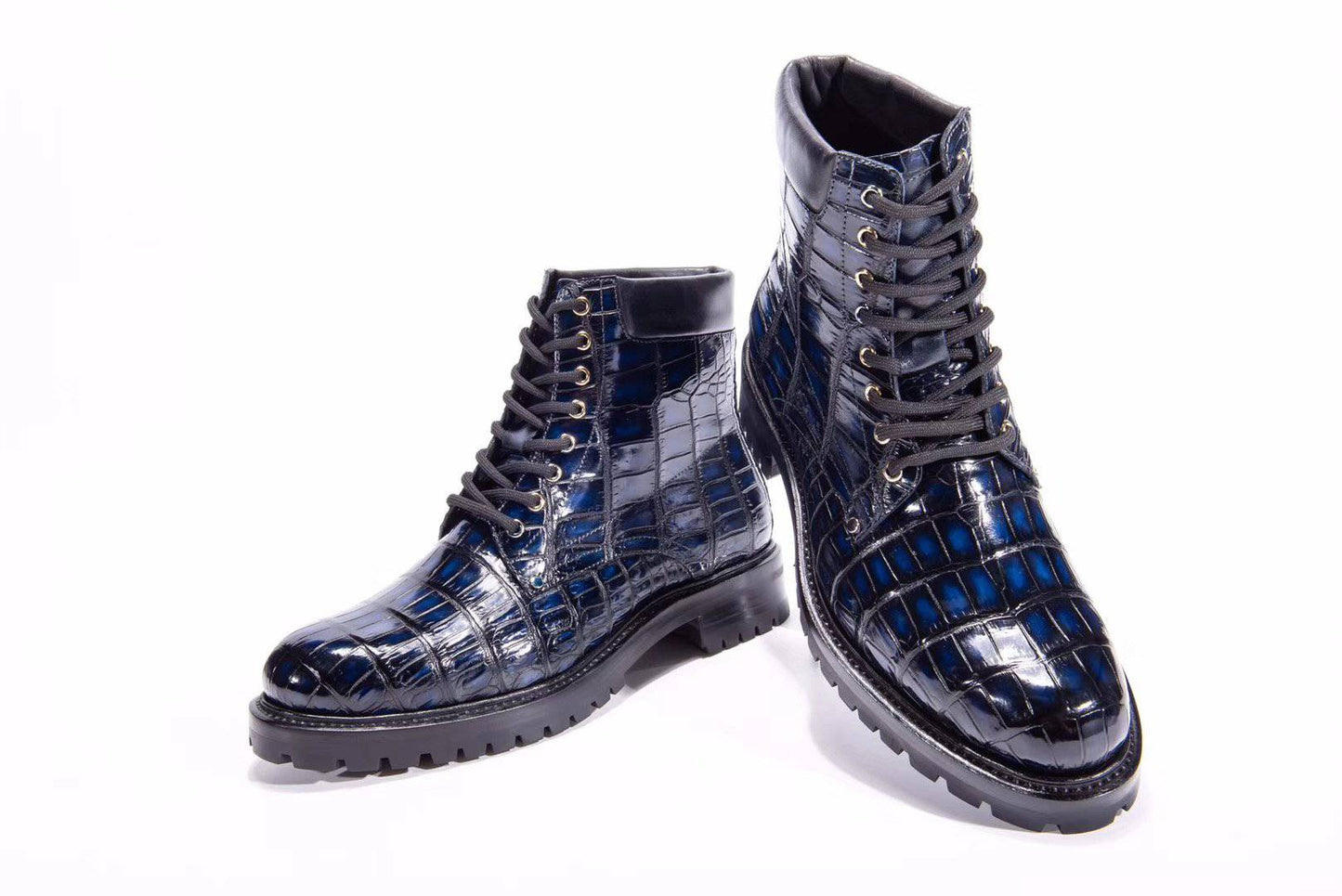Crocodile Shoes Mens Boots Genuine Crocodile Skin Leather High-top Lace Up  Anti-Slip Boot Vintage Blue