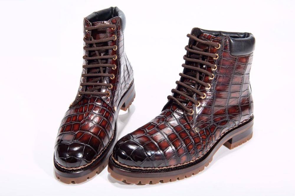 Crocodile Shoes Mens Boots Genuine Crocodile Skin Leather High-top Lace Up  Anti-Slip Boot Wine Red