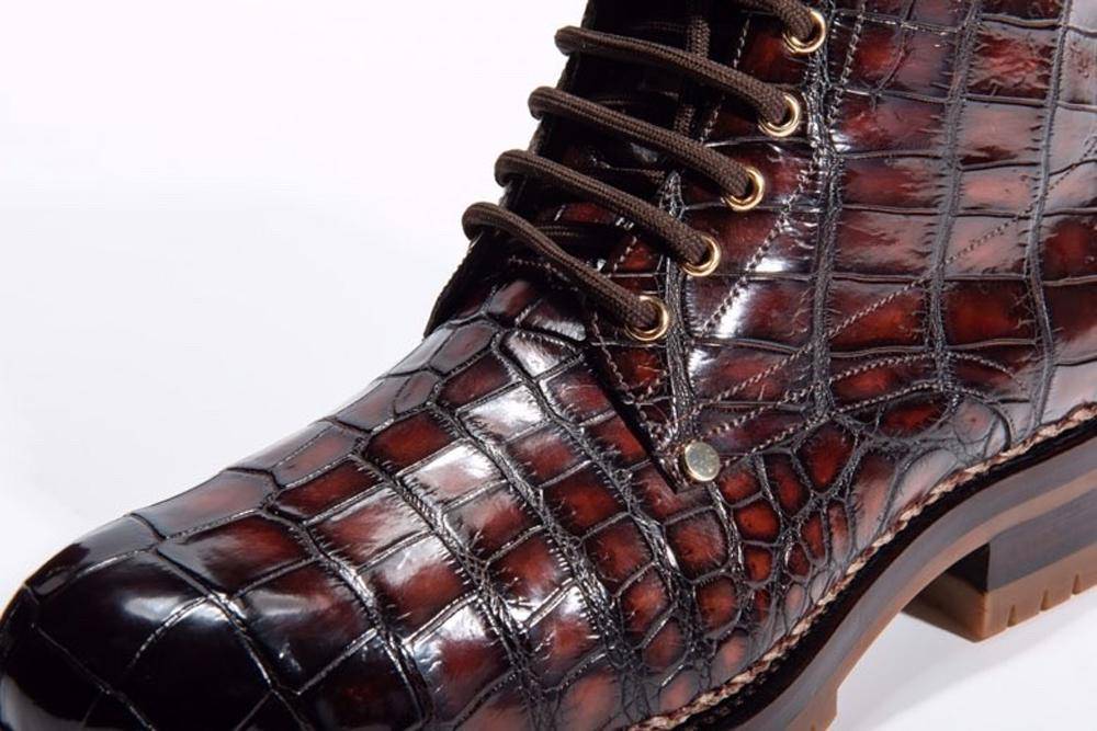Crocodile Shoes Mens Boots Genuine Crocodile Skin Leather High-top Lace Up  Anti-Slip Boot Wine Red