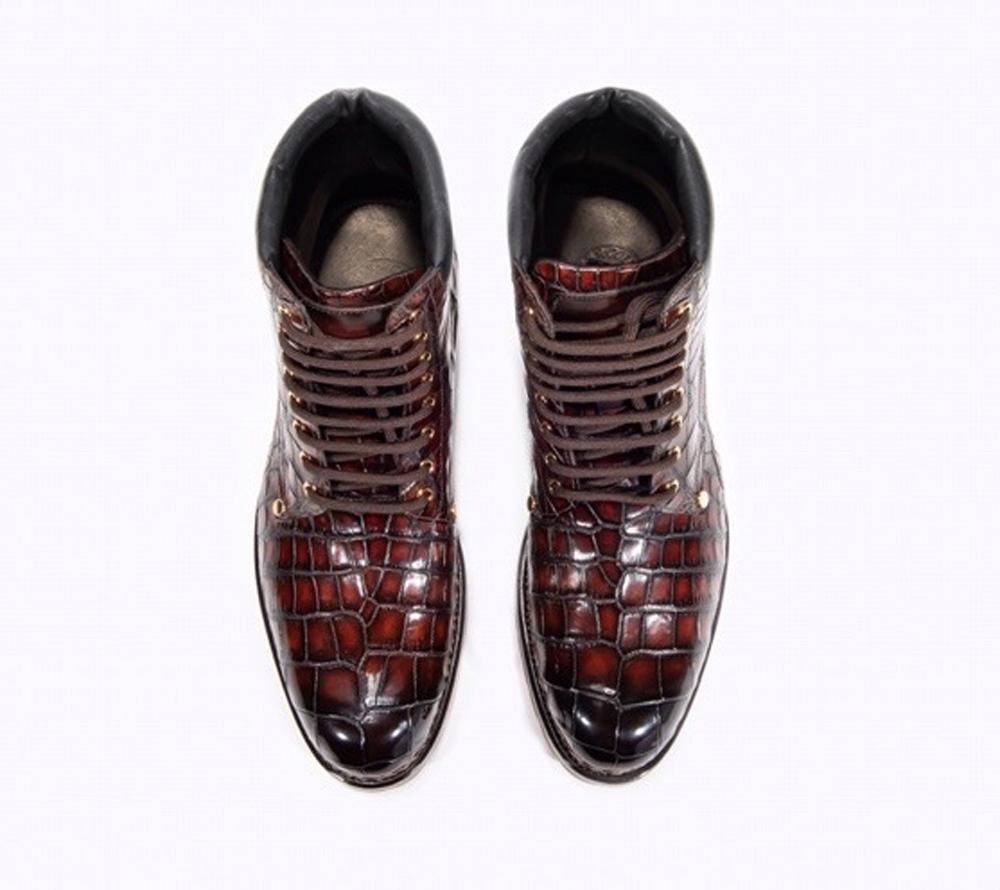 Crocodile Shoes Mens Boots Genuine Crocodile Skin Leather High-top Lace Up  Anti-Slip Boot Wine Red