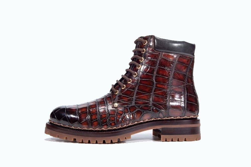 Crocodile Shoes Mens Boots Genuine Crocodile Skin Leather High-top Lace Up  Anti-Slip Boot Wine Red