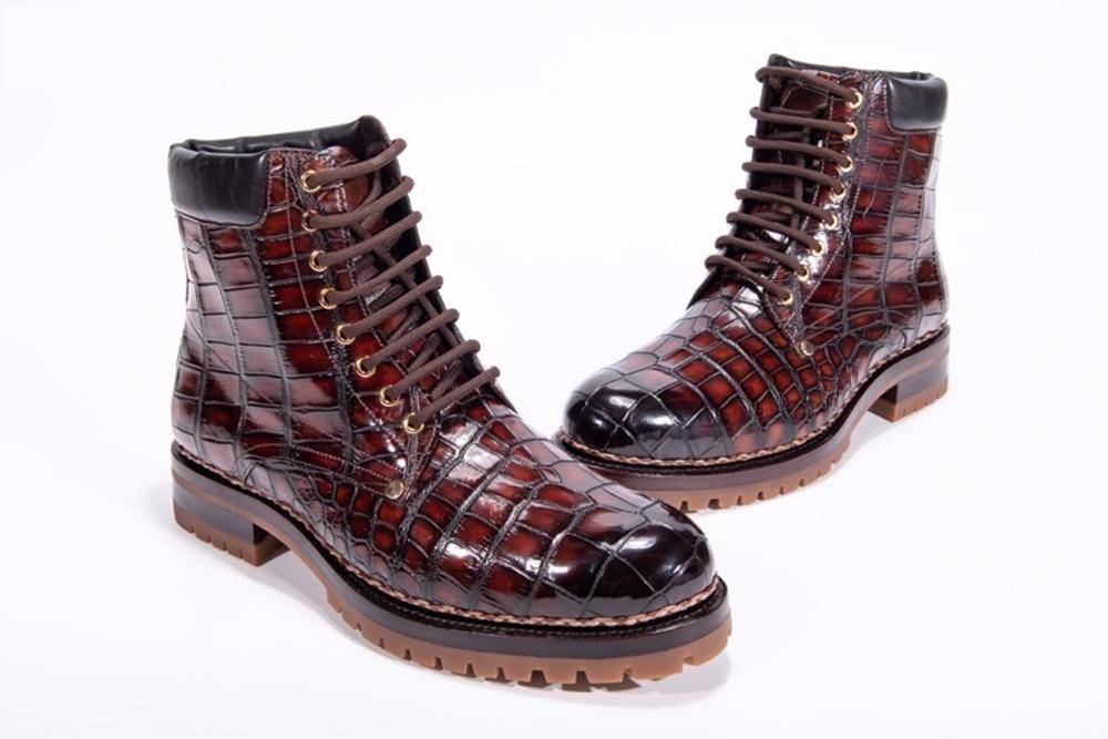 Crocodile Shoes Mens Boots Genuine Crocodile Skin Leather High-top Lace Up  Anti-Slip Boot Wine Red