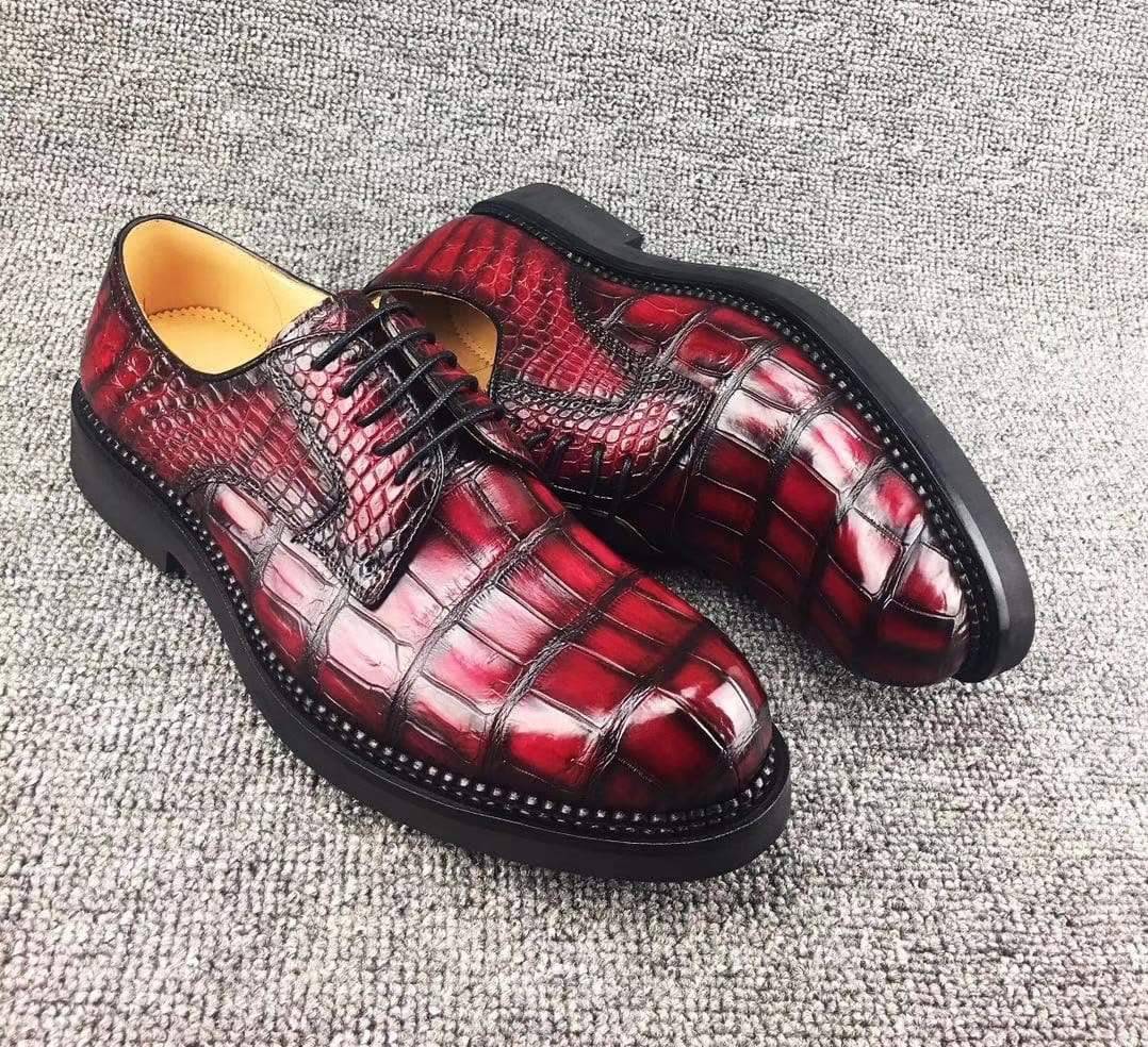 Crocodile Shoes Mens Classic Formal Footwear Man Fashion Style Genuine Crocodile Leather Derby Lace-Up Dress Shoes Vintage Red