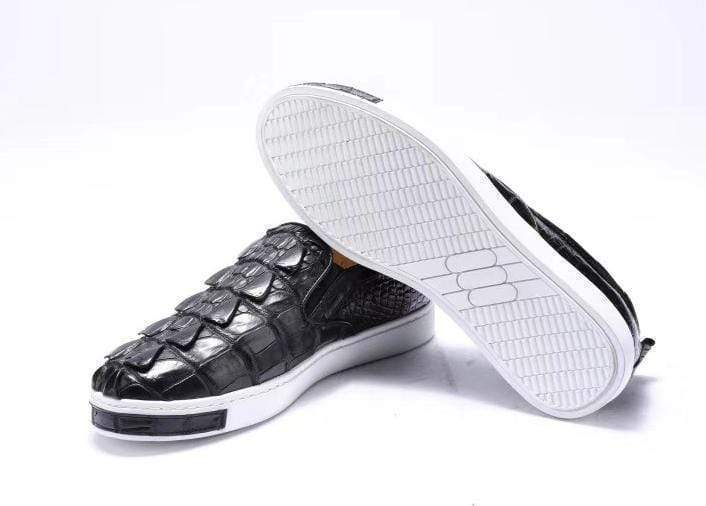 Crocodile Shoes Mens Crocodile Bone Leather Driving Shoes  Slip on Flats Walking Shoes Black