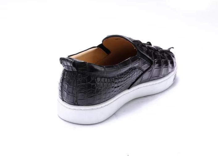 Crocodile Shoes Mens Crocodile Bone Leather Driving Shoes  Slip on Flats Walking Shoes Black