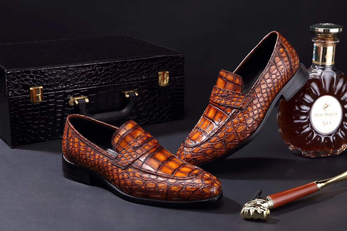 Crocodile Shoes Mens Crocodile Leather Penny Loafer Shoes Vintage Brown