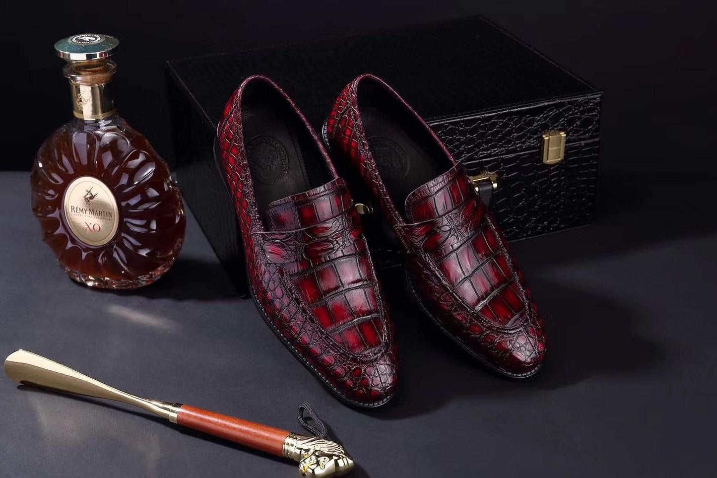 Crocodile Shoes Mens Crocodile Leather Penny Loafer Shoes Vintage Wine Red