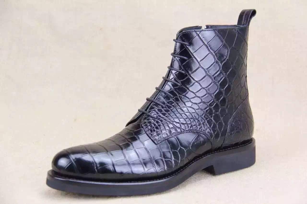Crocodile Shoes Mens Crocodile Leather  Side Zipper  Lace Up  Boots