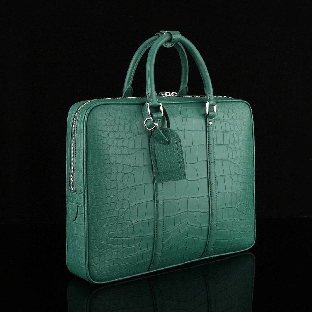 Mens Crocodile Skin Leather Travel Duffel Bag Dark Green
