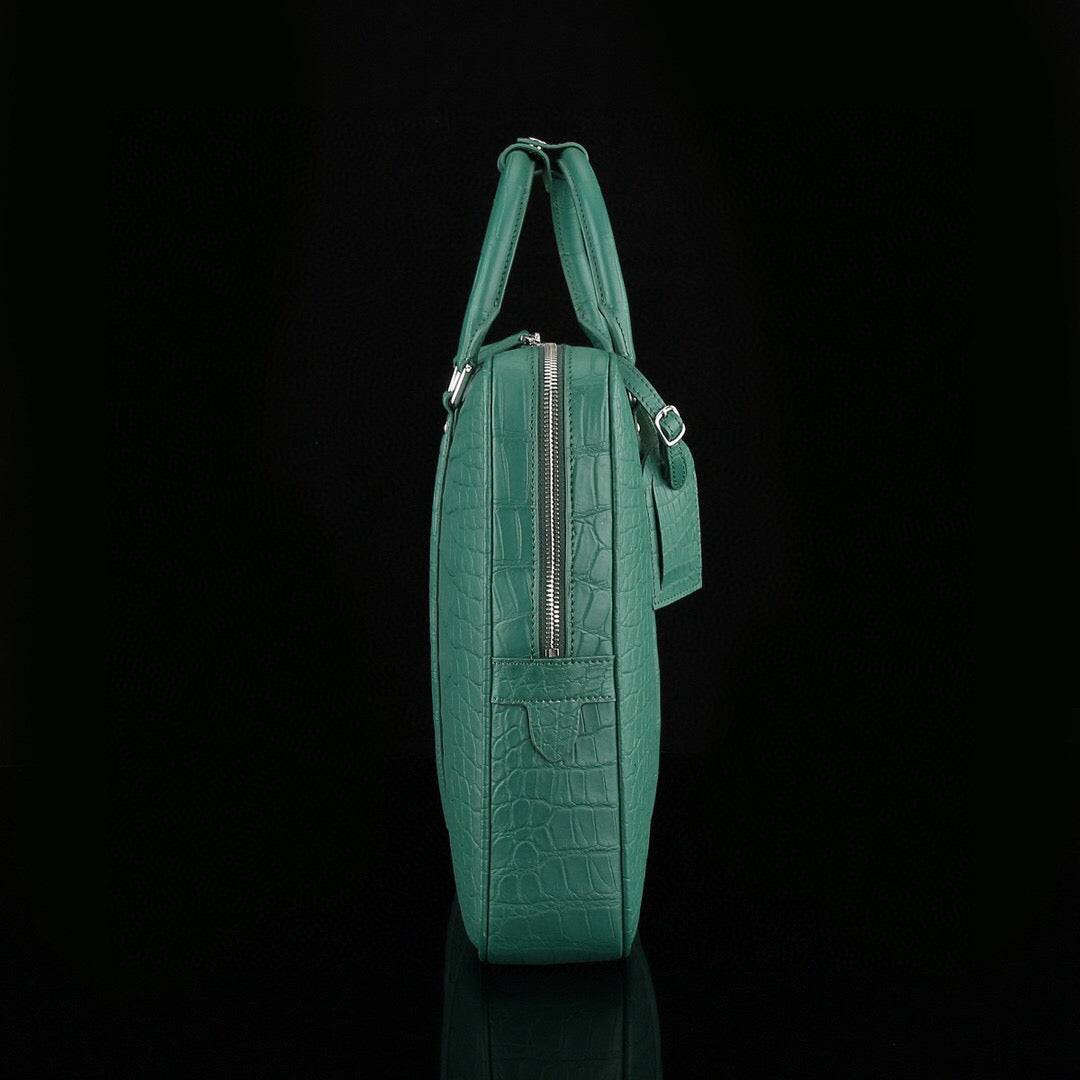 Mens Crocodile Skin Leather Travel Duffel Bag Dark Green