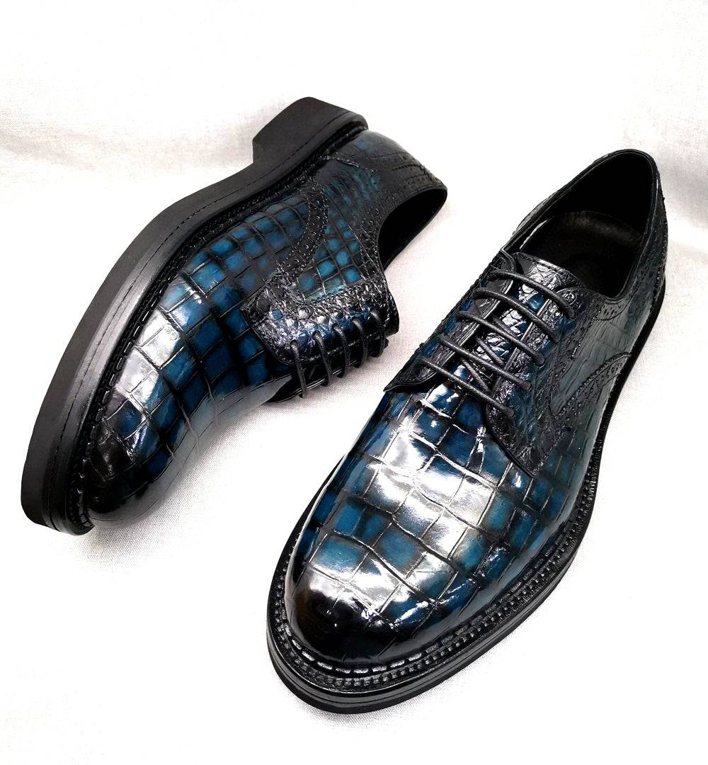 Crocodile Shoes Mens Genuine Crocodile Leather Derby Lace Up Dress Shoe Vintage Blue