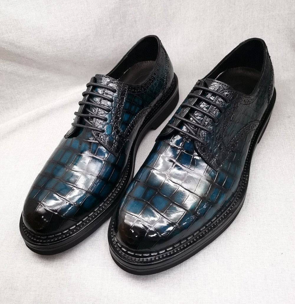 Crocodile Shoes Mens Genuine Crocodile Leather Derby Lace Up Dress Shoe Vintage Blue
