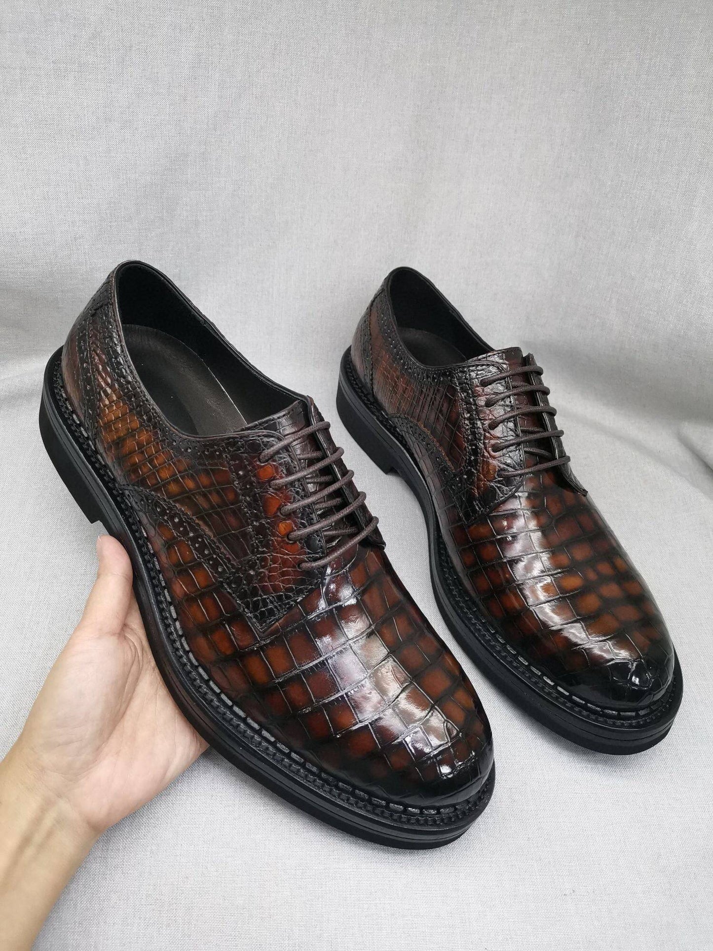 Crocodile Shoes Mens Genuine Crocodile Leather Derby Lace Up Dress Shoe Vintage Brown