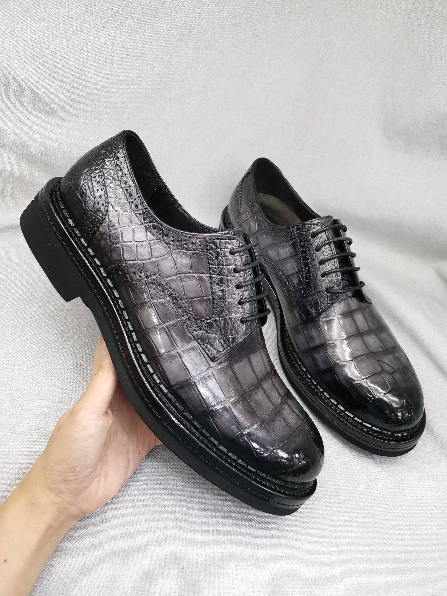 Crocodile Shoes Mens Genuine Crocodile Leather Derby Lace Up Dress Shoe Vintage Grey