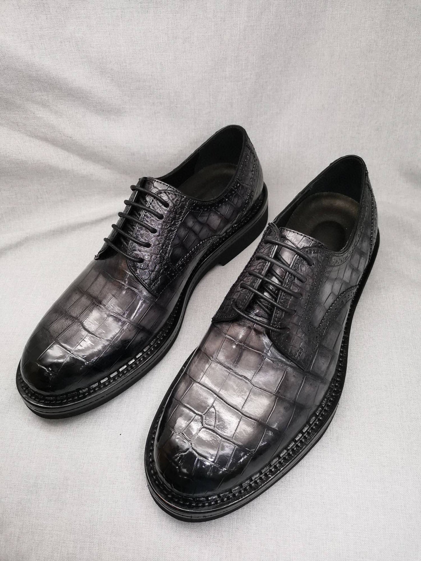 Crocodile Shoes Mens Genuine Crocodile Leather Derby Lace Up Dress Shoe Vintage Grey