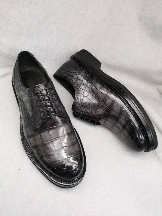 Crocodile Shoes Mens Genuine Crocodile Leather Derby Lace Up Dress Shoe Vintage Grey