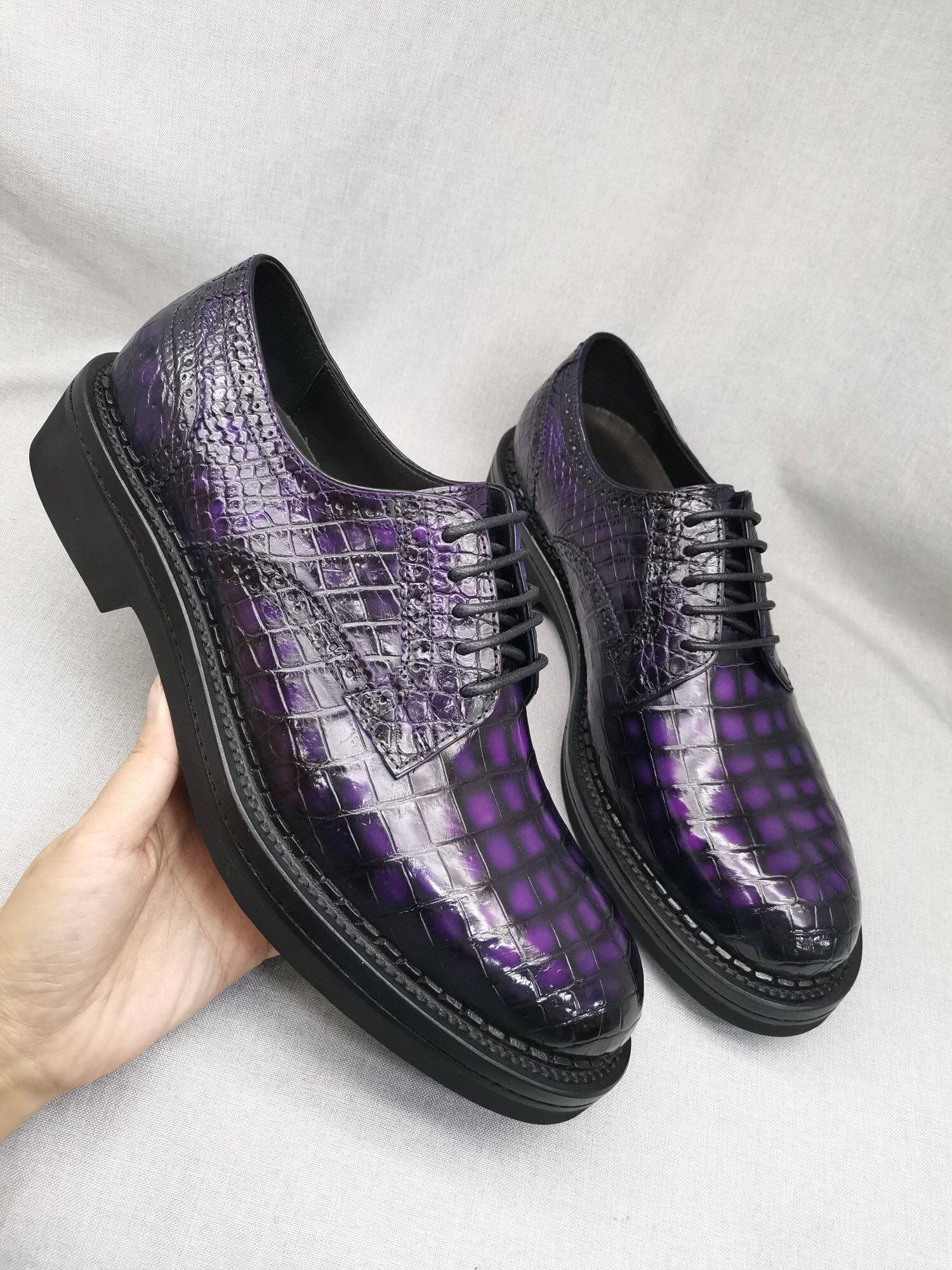Crocodile Shoes Mens Genuine Crocodile Leather Derby Lace Up Dress Shoe Vintage Purple