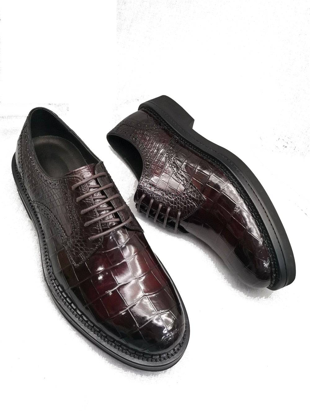 Crocodile Shoes Mens Genuine Crocodile Leather Derby Lace Up Dress Shoe Vintage Wine Red