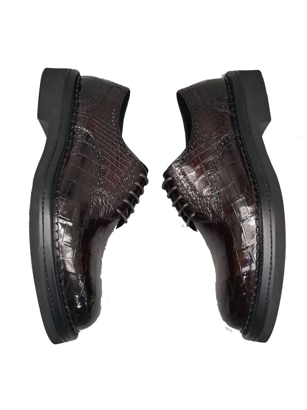 Crocodile Shoes Mens Genuine Crocodile Leather Derby Lace Up Dress Shoe Vintage Wine Red