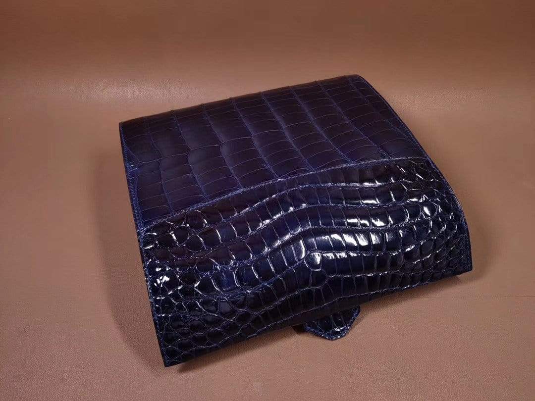 Mens Genuine Crocodile Leather High Shiny Gloss Baking Beads Clutch Bag Blue