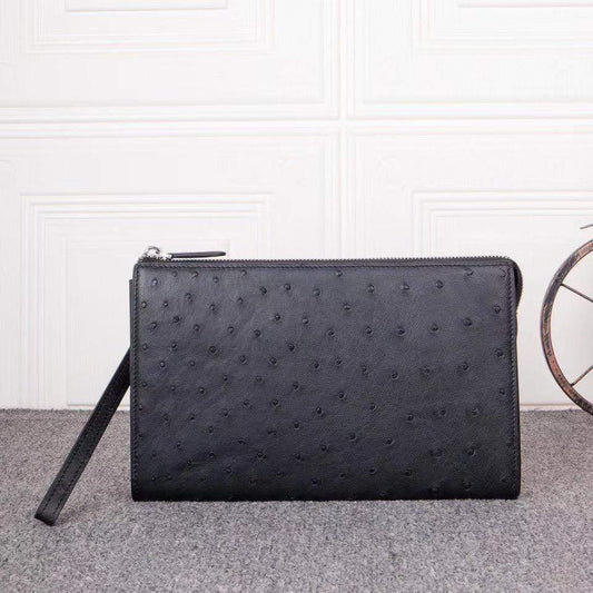 Mens Genuine Ostrich Leather Zipper Clutch Bag Card Wallet With Wrist Handle