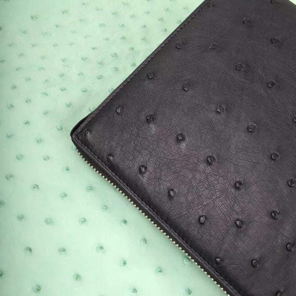 Mens Genuine Ostrich Leather Zipper Clutch Bag Card Wallet With Wrist Handle