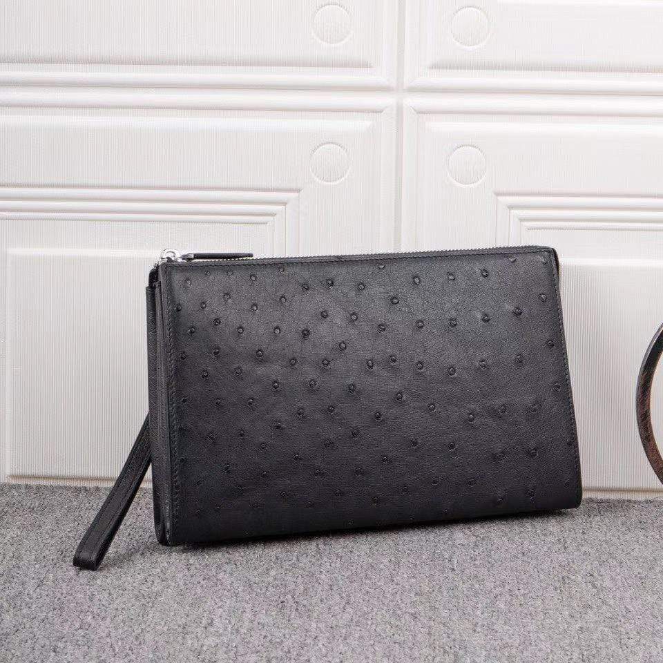 Mens Genuine Ostrich Leather Zipper Clutch Bag Card Wallet With Wrist Handle