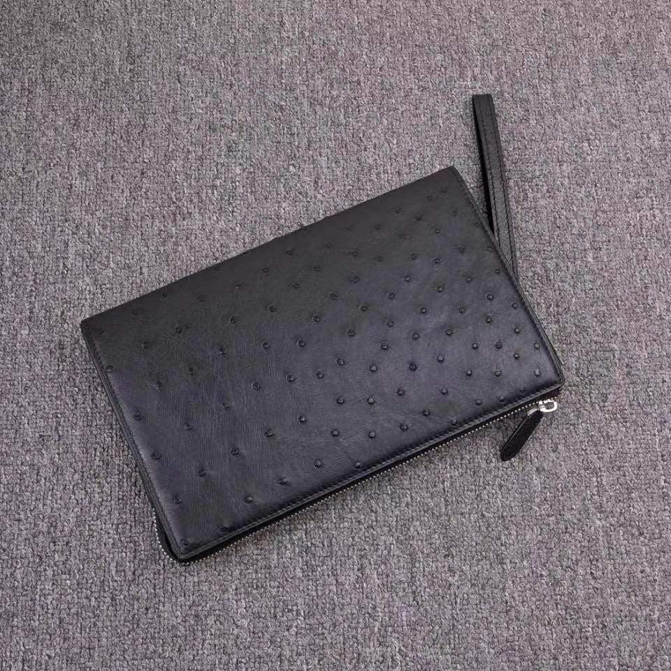 Mens Genuine Ostrich Leather Zipper Clutch Bag Card Wallet With Wrist Handle
