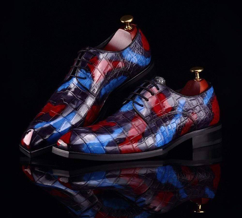 Crocodile Shoes Mens Multi Color Square Toe Lace Up Genuine Crocodile Leather Dress Shoe