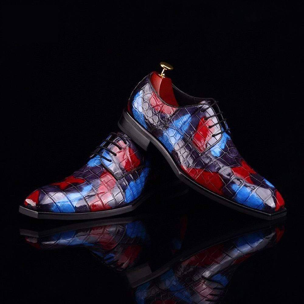 Crocodile Shoes Mens Multi Color Square Toe Lace Up Genuine Crocodile Leather Dress Shoe