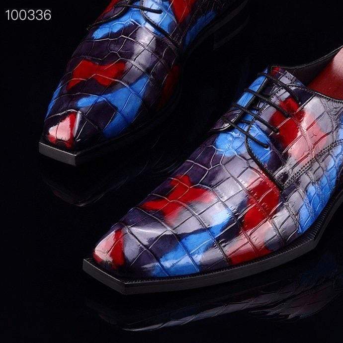 Crocodile Shoes Mens Multi Color Square Toe Lace Up Genuine Crocodile Leather Dress Shoe