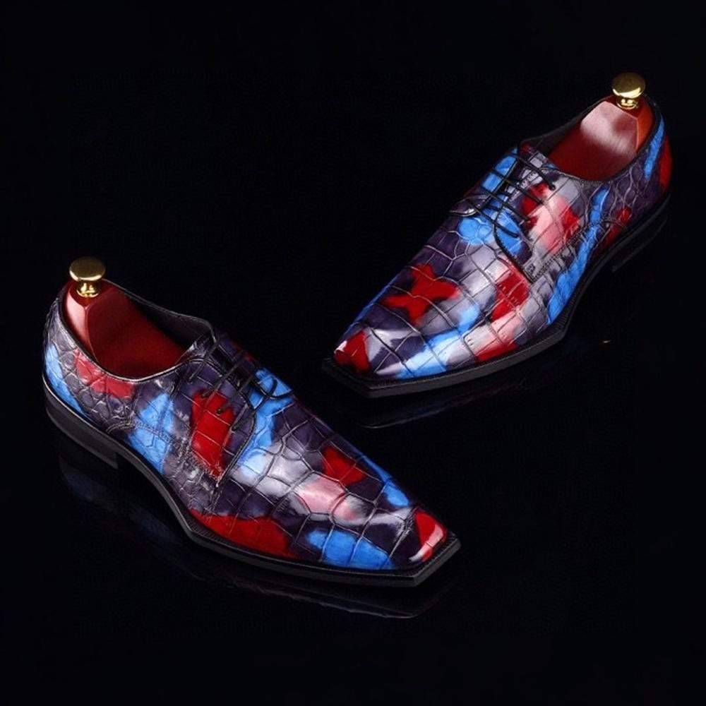 Crocodile Shoes Mens Multi Color Square Toe Lace Up Genuine Crocodile Leather Dress Shoe