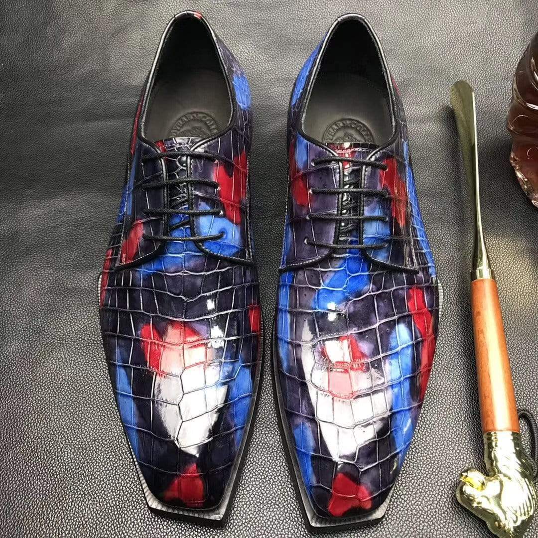 Crocodile Shoes Mens Multi Color Square Toe Lace Up Genuine Crocodile Leather Dress Shoe